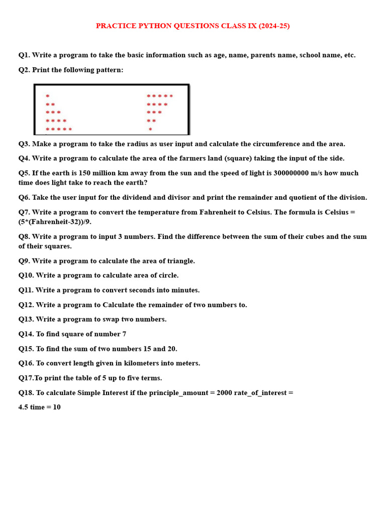 Practice Python Questions Class Ix 2024-25 | PDF