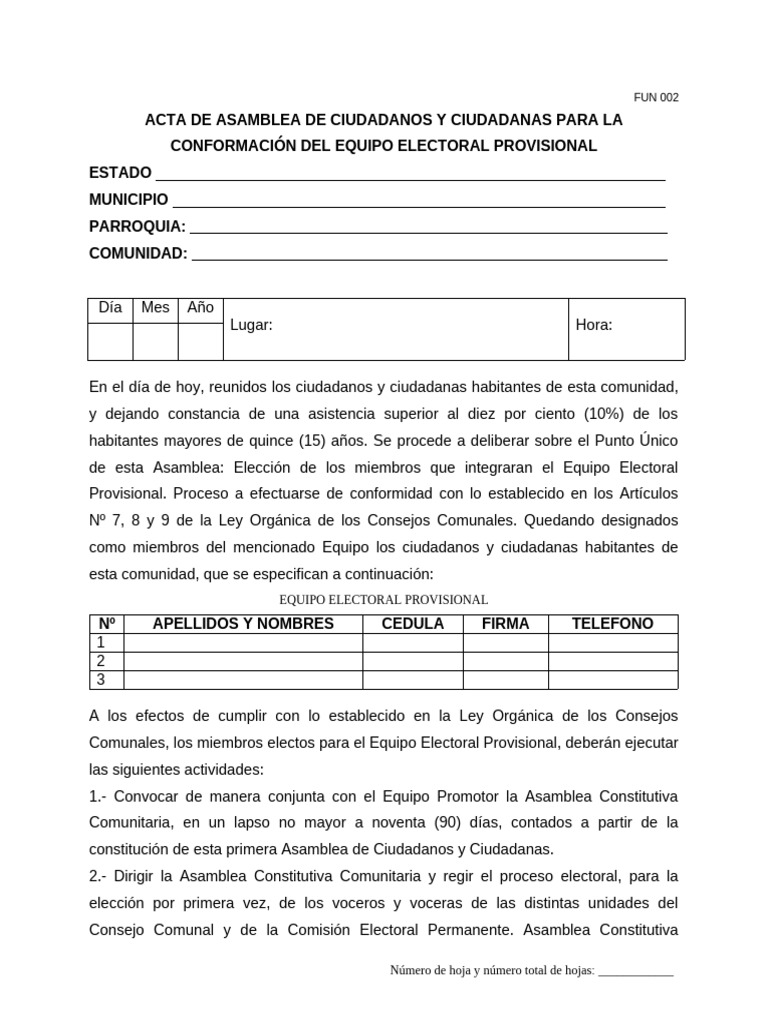 FUN 002. Acta de Conformacion Del Equipo Electoral Provisional | PDF