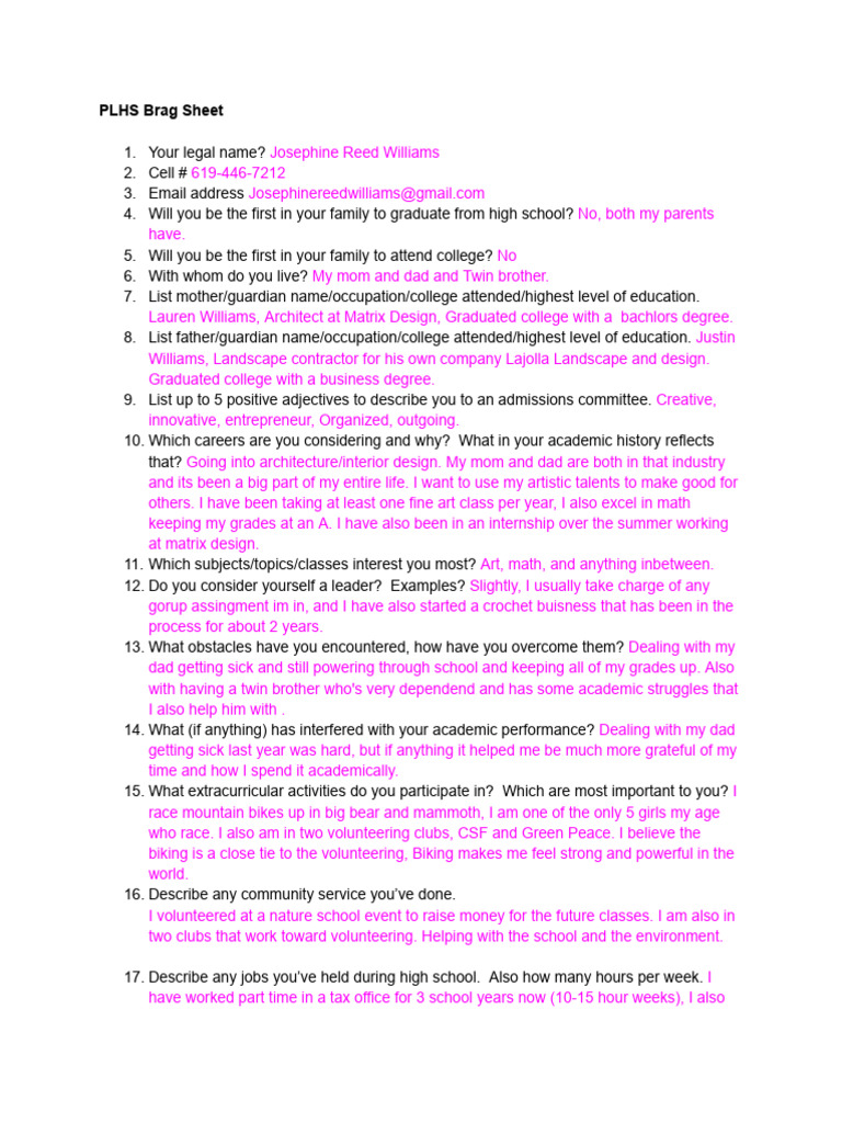 Josephine Williams PLHS Brag Sheet | PDF