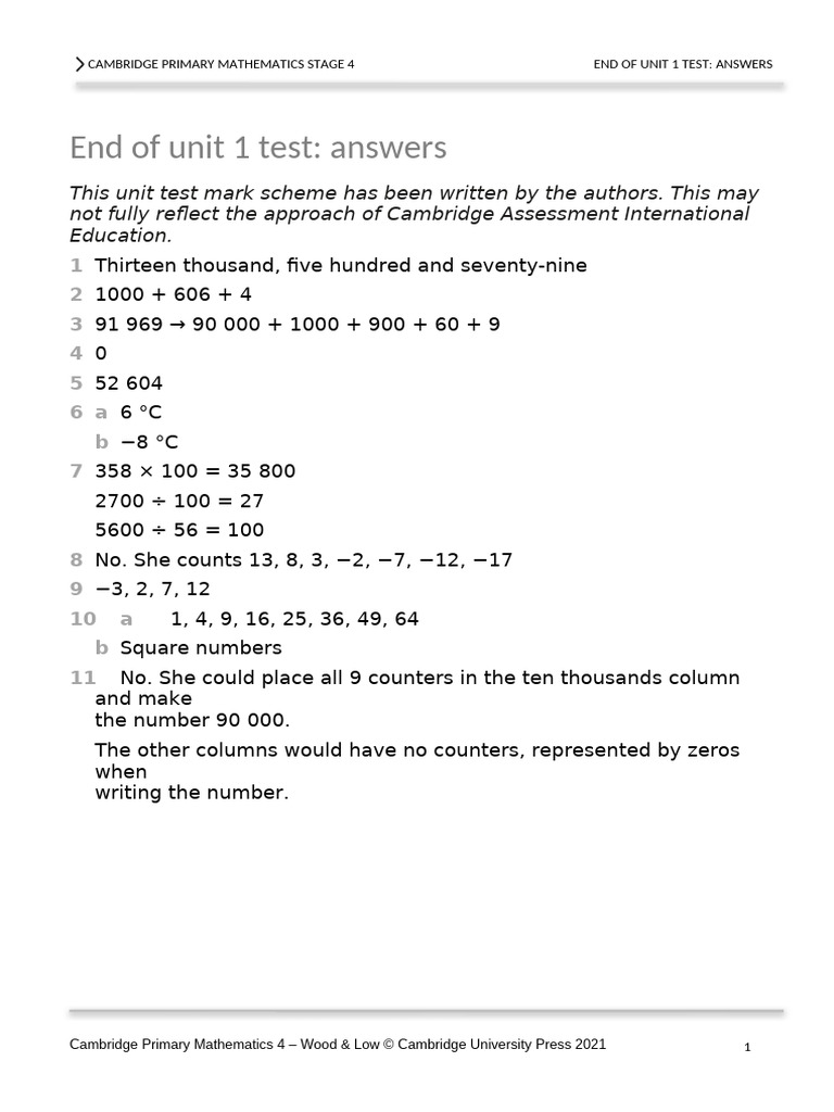 Prim Maths 4 2ed TR Unit Test Answers 1 | PDF