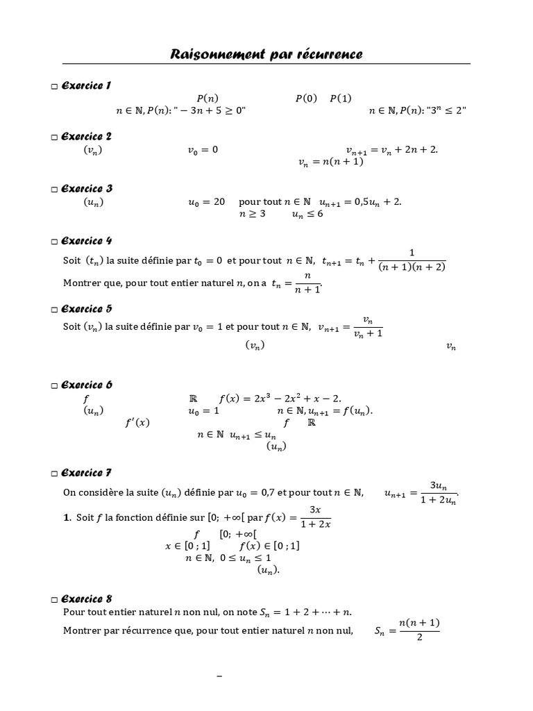 Exercices corrigés sur la récurrence | PDF | Entier naturel | Mathématiques