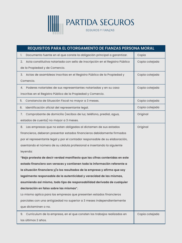Requisitos Otorgamiento de Fianzas Persona Moral (2024) | PDF
