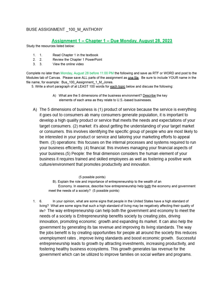 Buse 100 Assignment M Anthony | PDF | Entrepreneurship | Career & Growth