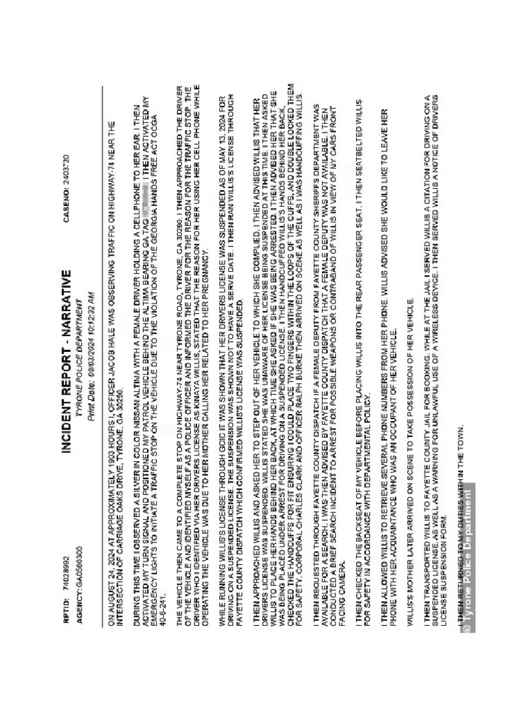 Kinaya Willis Police Report Incident Report Narrative | PDF