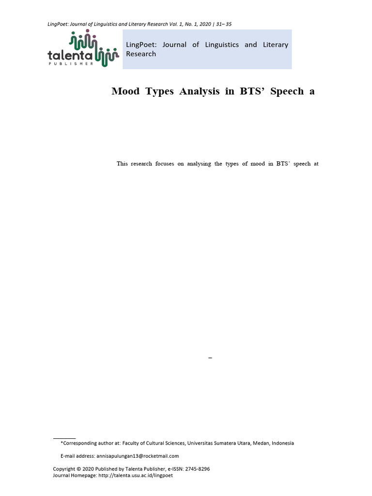 Identifying Mood Types Analysis in BTS Speech at | PDF