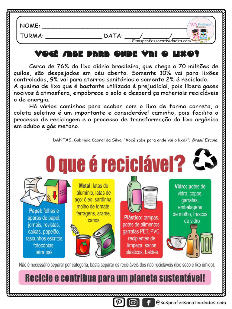 Voce Sabe para Onde Vai o Lixo@sosprofessoratividades | PDF