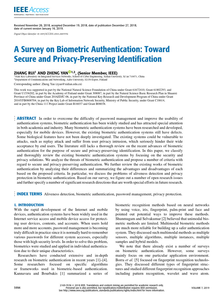A Survey On Biometric Authentication Toward Secure and Privacy ...