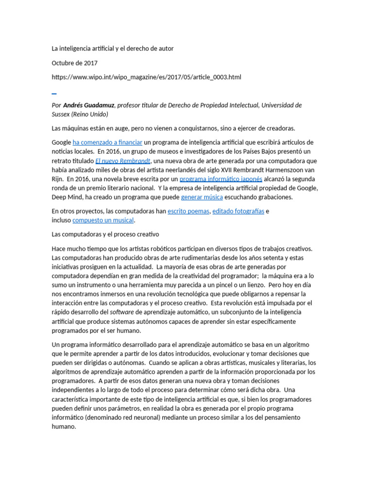 La Inteligencia Artificial y El Derecho de Autor | PDF