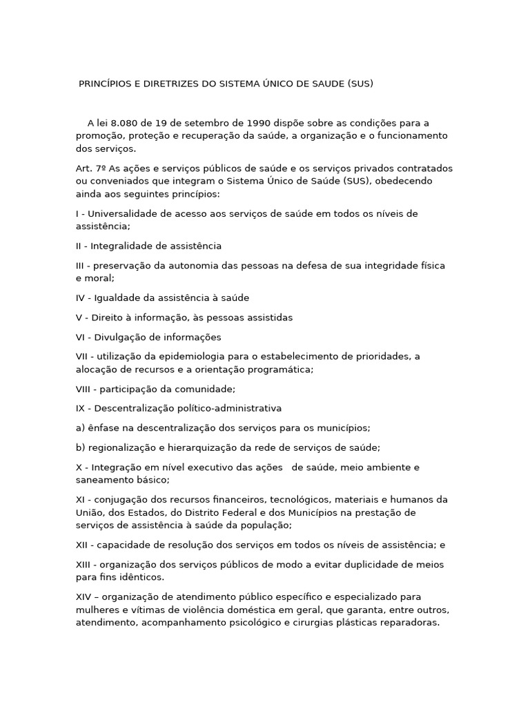PRINCÍPIOS E DIRETRIZES DO SISTEMA ÚNICO DE SAUDE | PDF