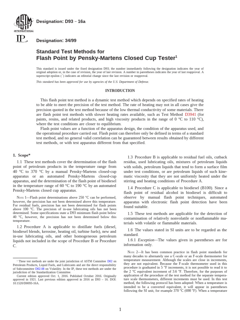 Flash Point by Pensky-Martens Closed Cup Tester: Standard Test Methods ...
