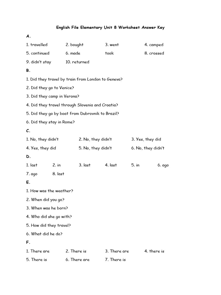 English File Elementary Unit 8 Worksheet Answer Key | PDF