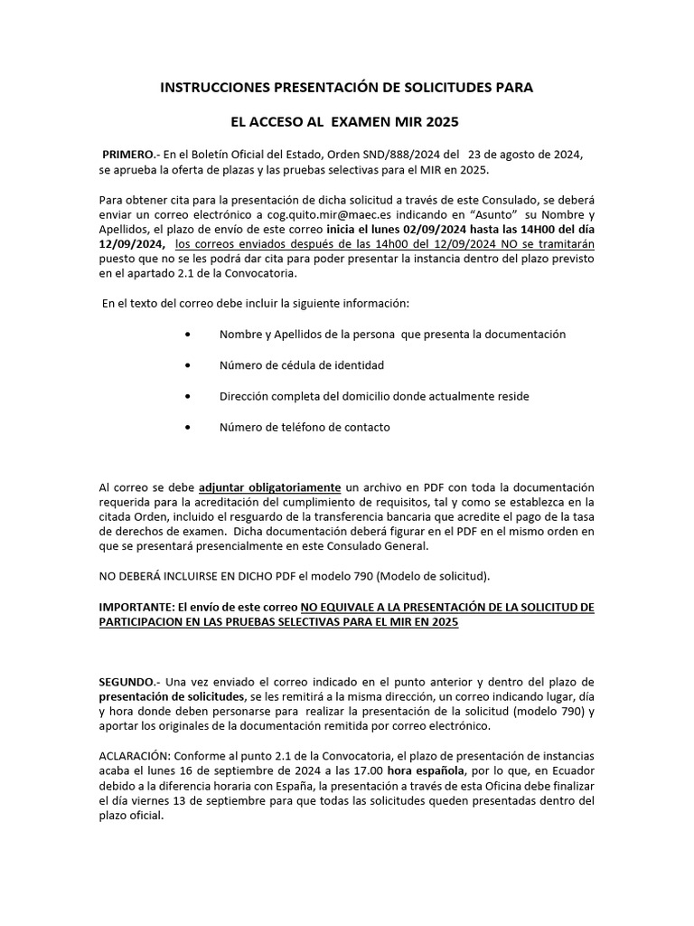Instrucciones Presentación de Solicitudes para El Acceso Al Examen Mir ...