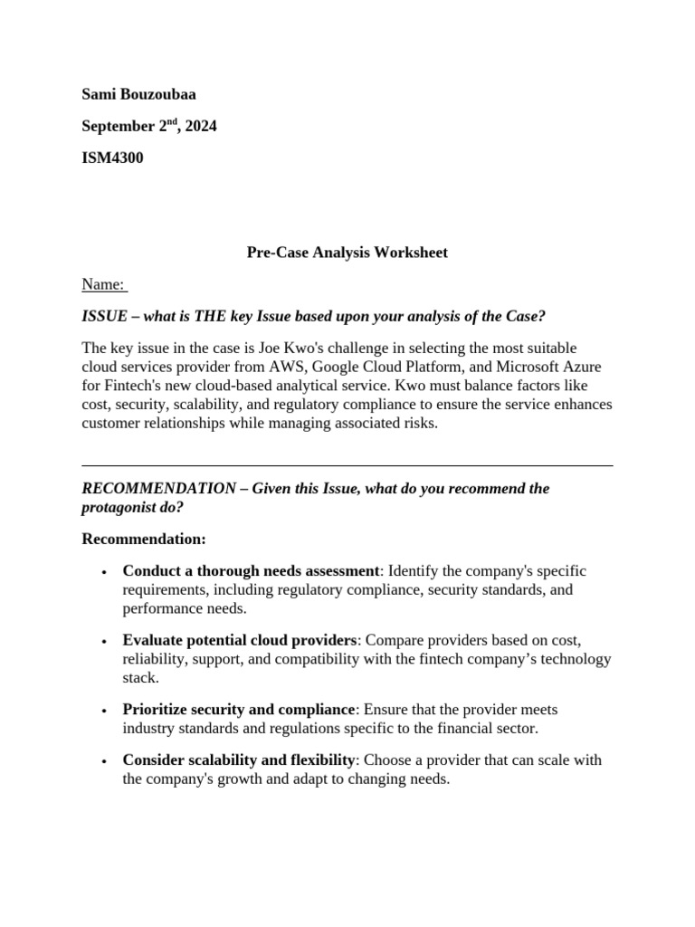 Pre Case Worksheet Sami Bouzoubaa | PDF | Finance & Money Management
