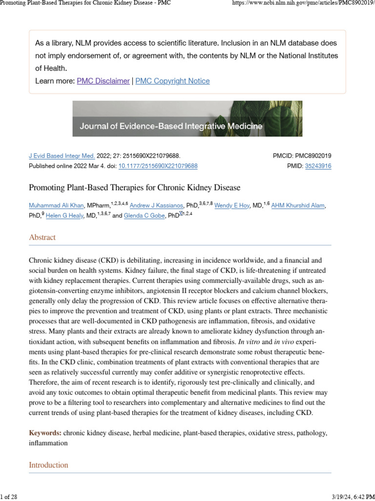 Promoting Plant-Based Therapies For Chronic Kidney Disease - PMC | PDF