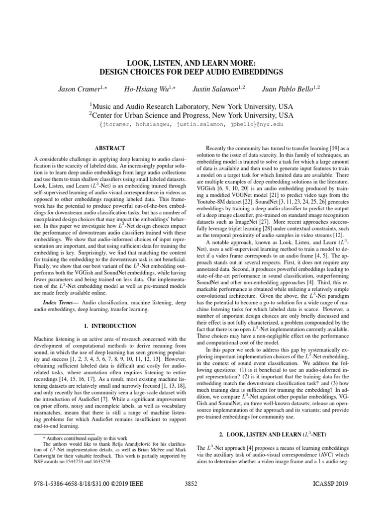 LOOK, LISTEN, and LEARN MORE Design Choice For Deep Audio Embeddings | PDF