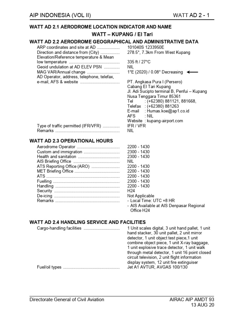 121-WATT AD 2.1 To AD 2.24 AIRAC AIP AMDT 104 20 MAY 21 | PDF