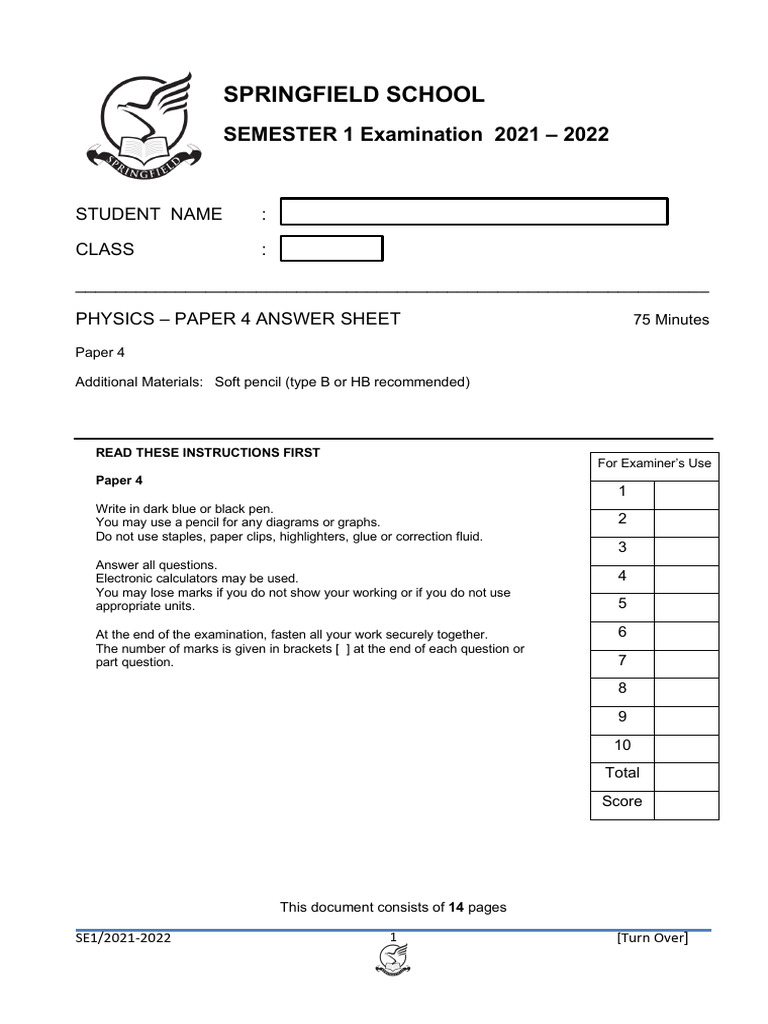 Answer Sheet Paper 4 SE1 | PDF