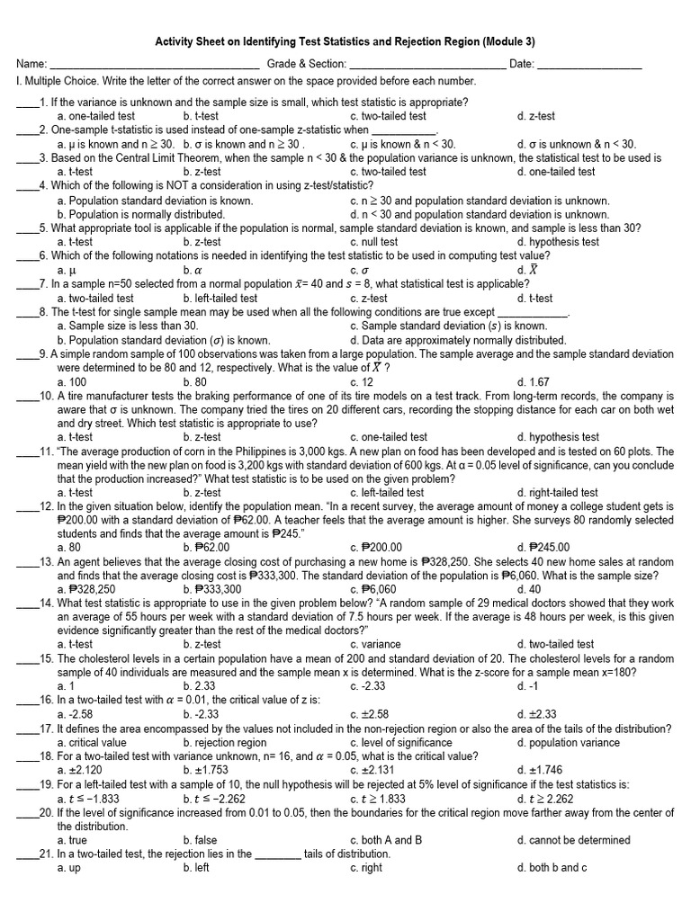 Rejection Region in Two-Tailed Tests | PDF | Student's T Test ...