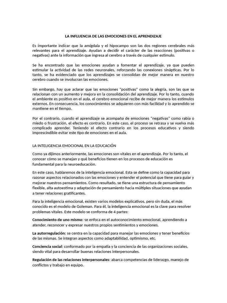 La Influencia de Las Emociones en El Aprendizaje | PDF