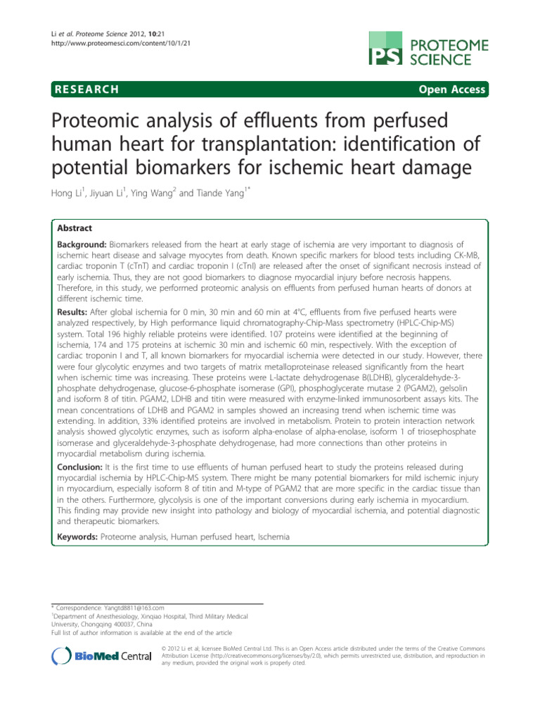 Proteomic Analysis of Effluents From Perfused Human Heart For ...