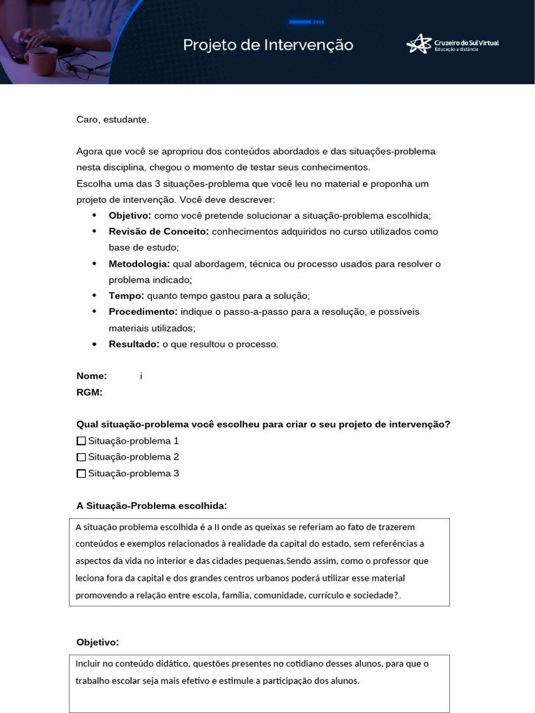 Projeto de Intervenção Cruzeiro Do Sul | PDF