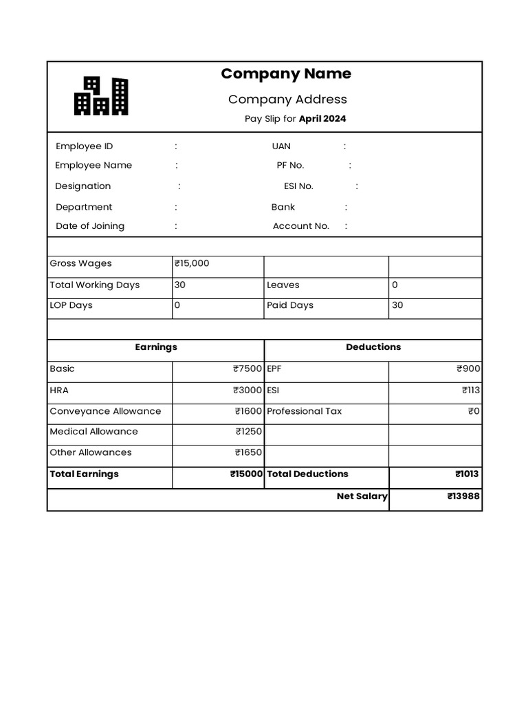 Salary Slip Format for ₹15,000 | PDF