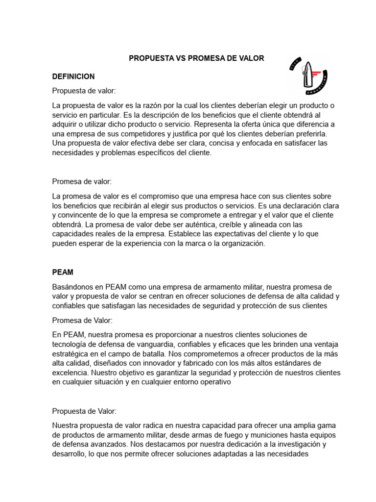 Propuesta VS Promesa de Valor Peam | PDF