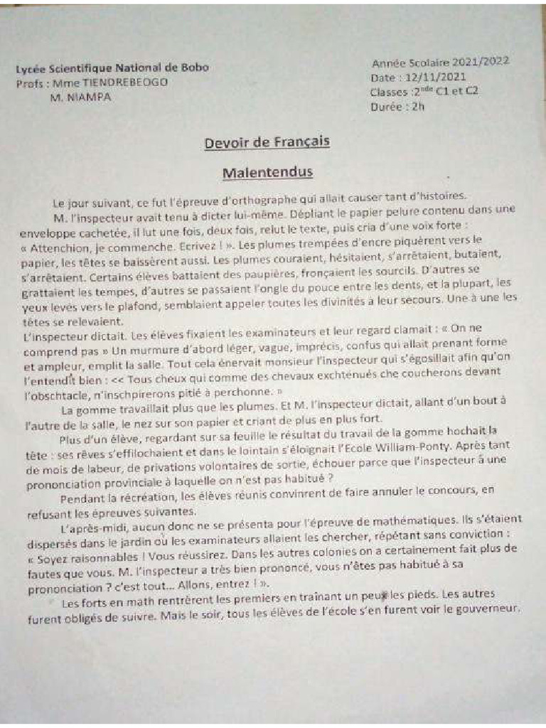 Devoir de Français 2nd C - LSNB - 2022-2023 | PDF