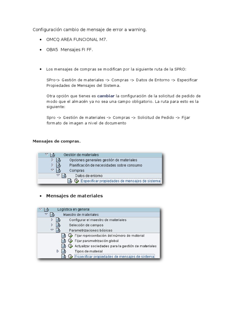Cambio de Mensajes de Error a Warning en SAP | PDF