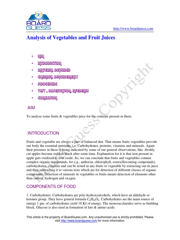 Analysis of Vegetables and Fruit Juices PDF Fruit Carbohydrates