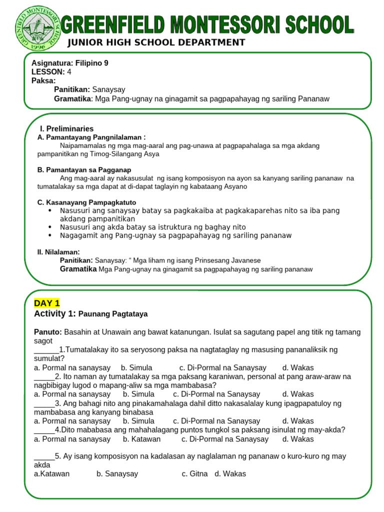 Filipino 9 LESSON 4 | PDF