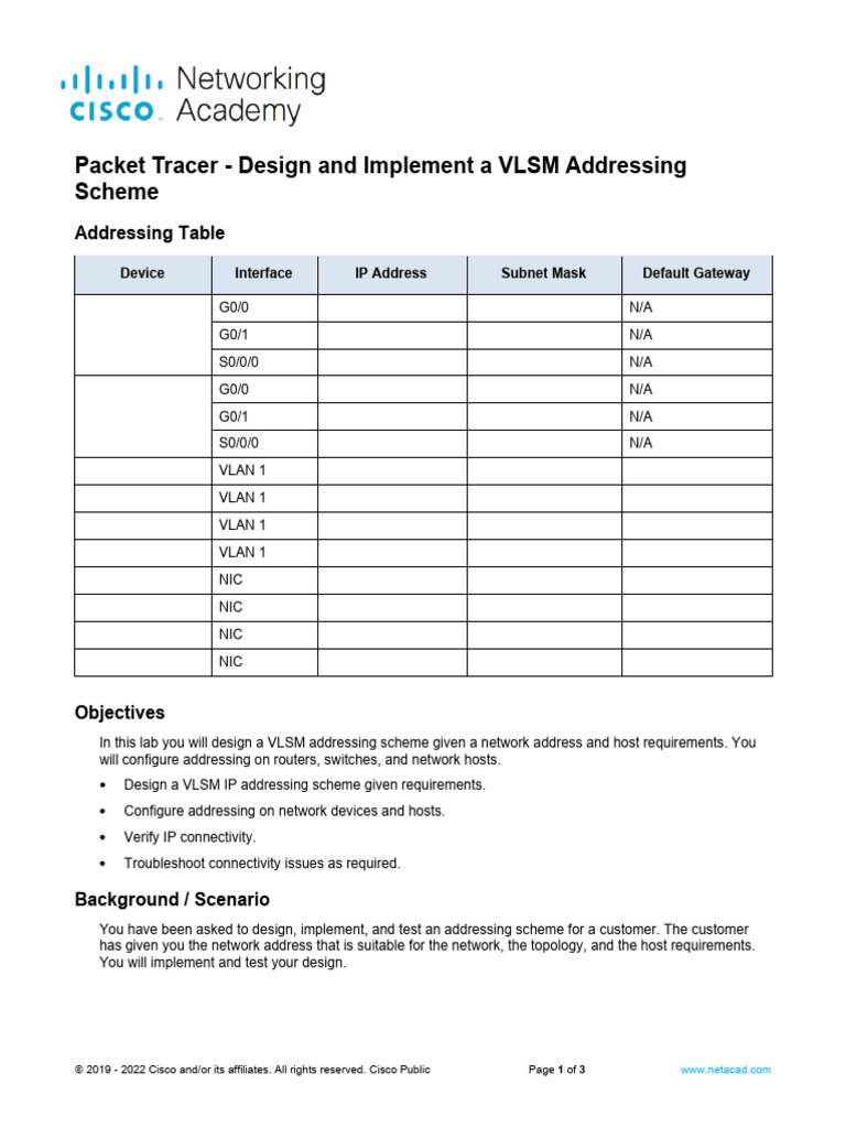 11.10.1 Packet Tracer - Design and Implement A VLSM Addressing Scheme | PDF