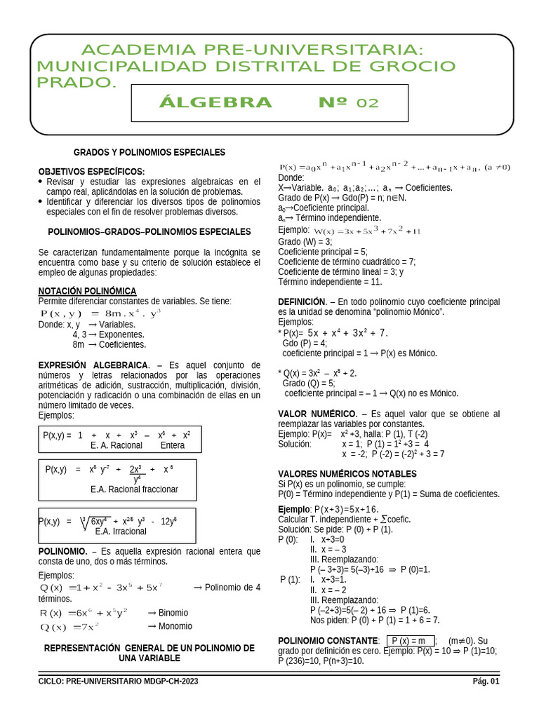 Grados y Polinomios Especiales | PDF | Polinomio | Variable (Matemáticas)