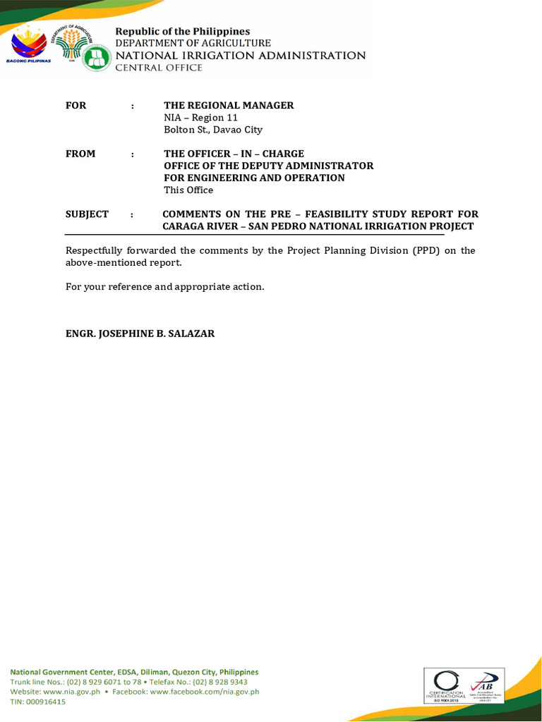 Advance-Copy CO To RO COMMENTS ON THE PRE - FEASIBILITY STUDY REPORT ...