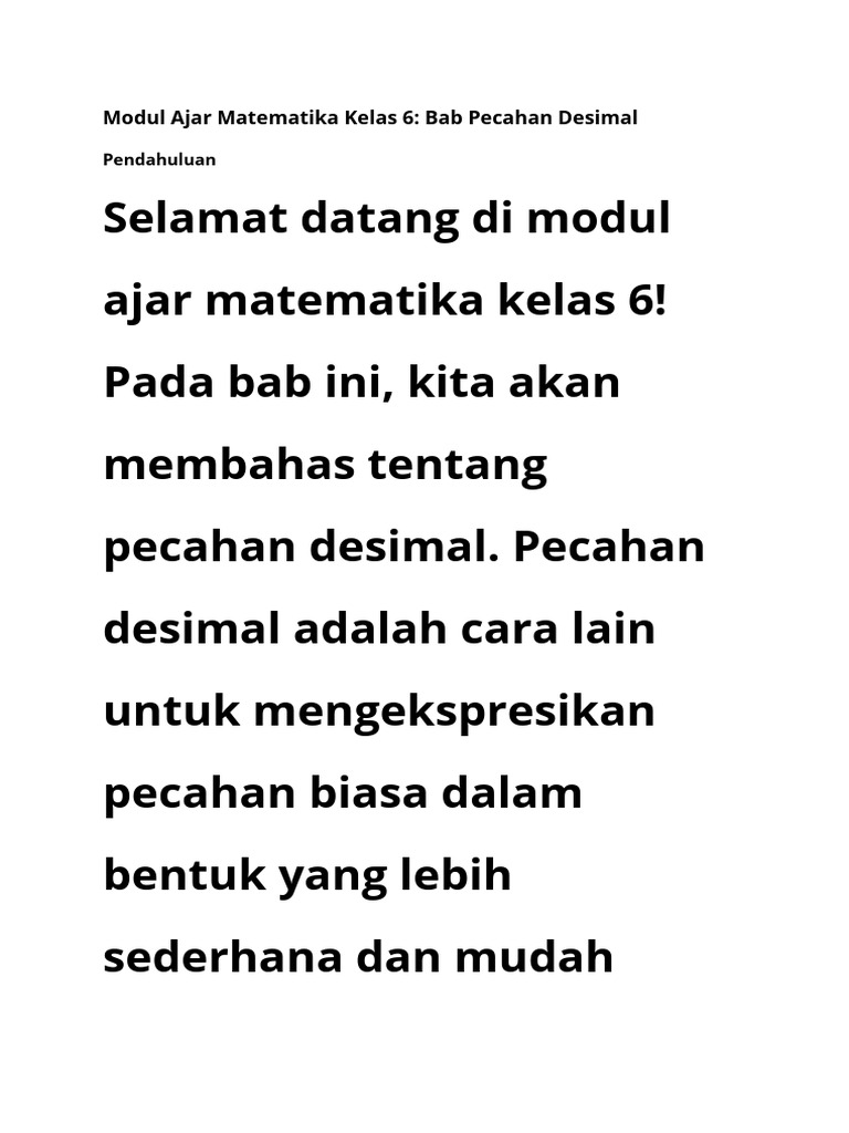 Modul Ajar Matematika Kelas 6 Bab Pecahan Desimal Pdf