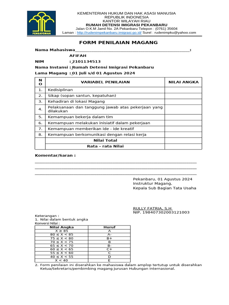 Form Penilaian Magang - Afifah | PDF