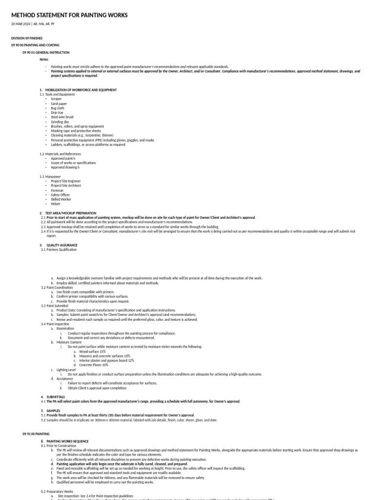 Method Statement For Painting Works - 03202024 | PDF