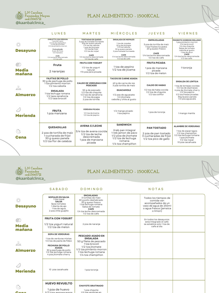 Plan Alimenticio Semanal 1500 Calorías | PDF | Alimentos | Cocina