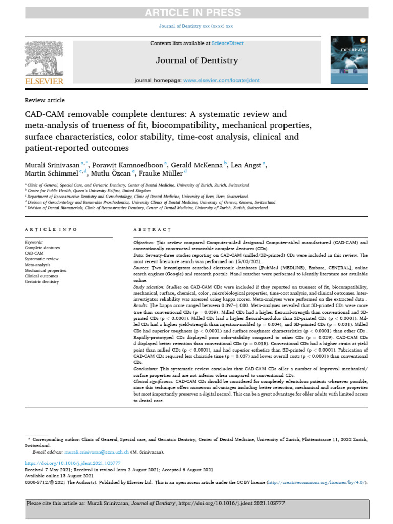 CAD/CAM Removable Complete Denture A Systematic Review | PDF