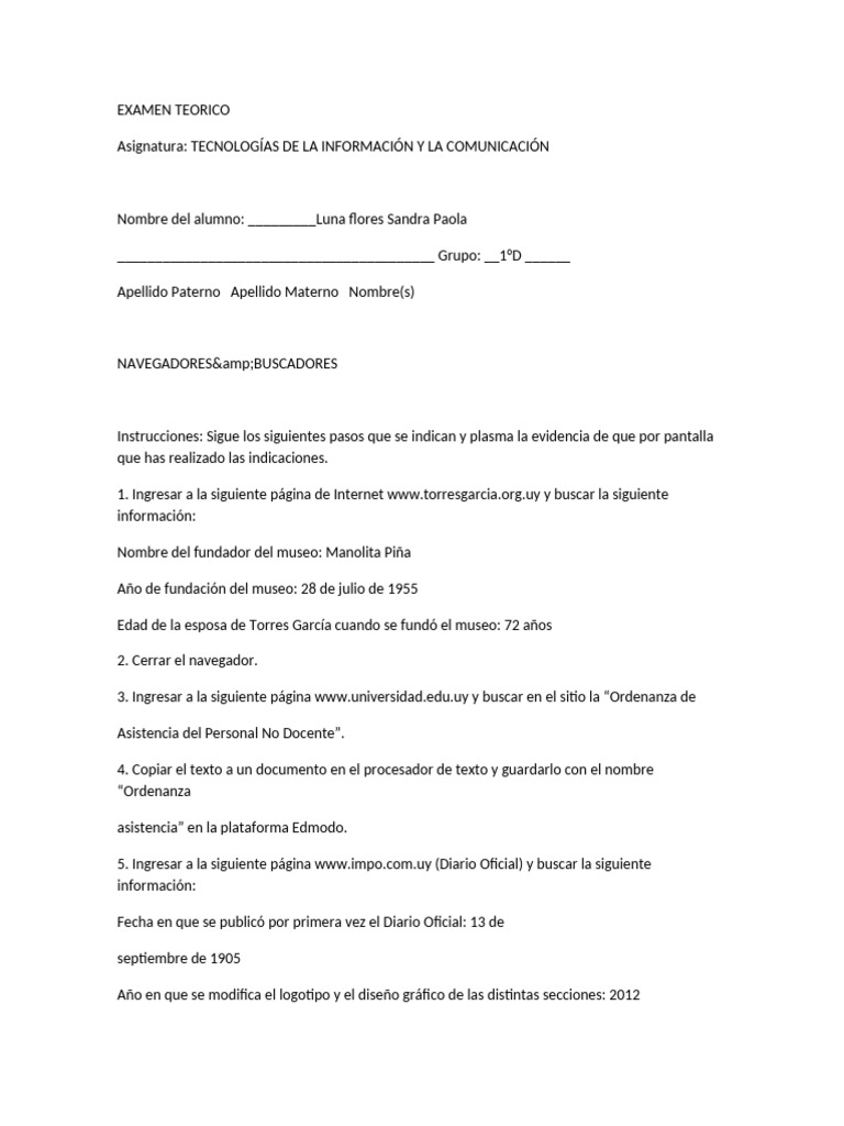 EXAMEN TEORICO sandra paola luna flores 1°D | PDF