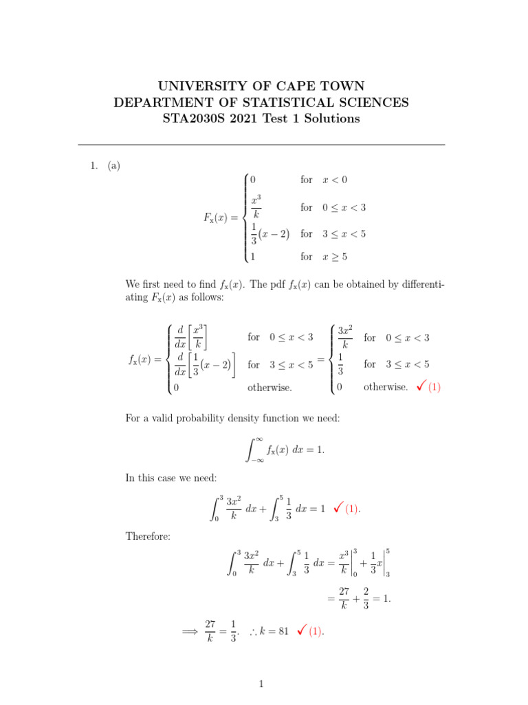 STA2030S 2021 Test 1 Solutions | PDF | Probability Density Function ...