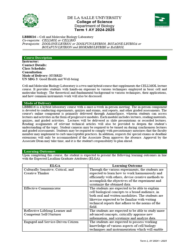 (LBBBI16) Cell and Molecular Biology Laboratory - Syllabus - T1 AY 2024 ...