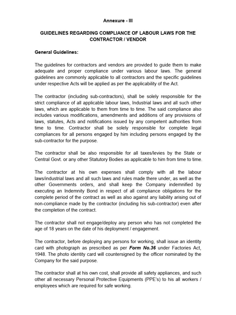 Annexure - III Guidelines Regarding Compliance of Labour Laws For The ...