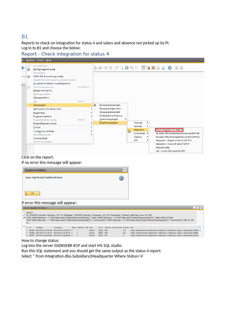 SAP B1 Error record in the B1 report ”check integration for status 4” PDF