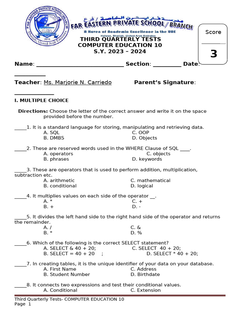 Mastery Test For Computer 10 | PDF