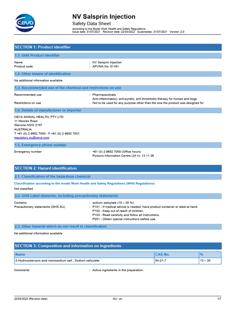 Salsprin Injection SDS (March 2022) | PDF