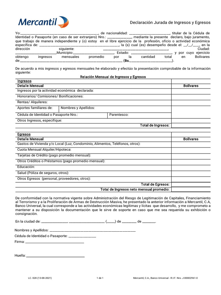 Declaración Jurada de Ingresos y Egresos | PDF | Documento de identidad