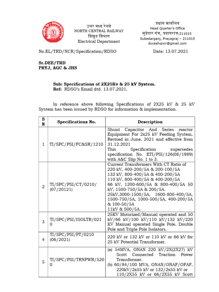 Specifications of 2X25Kv & 25Kv Systems | PDF