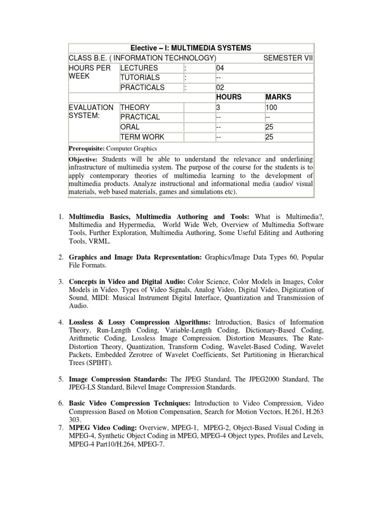 Multimedia Systems Course Overview | PDF | Data Compression ...