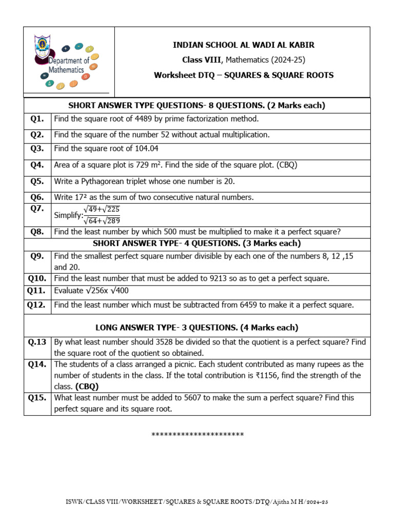 4734895-Cl 8 - ws7 - Squares & Square Roots (DTQ) - Ajitha M H - 2024-25 |  PDF